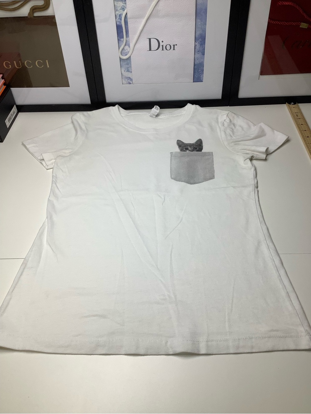 Next Level Apparel White Tee Gray Cat Pocket Graphic VGC Junior Girls Size L